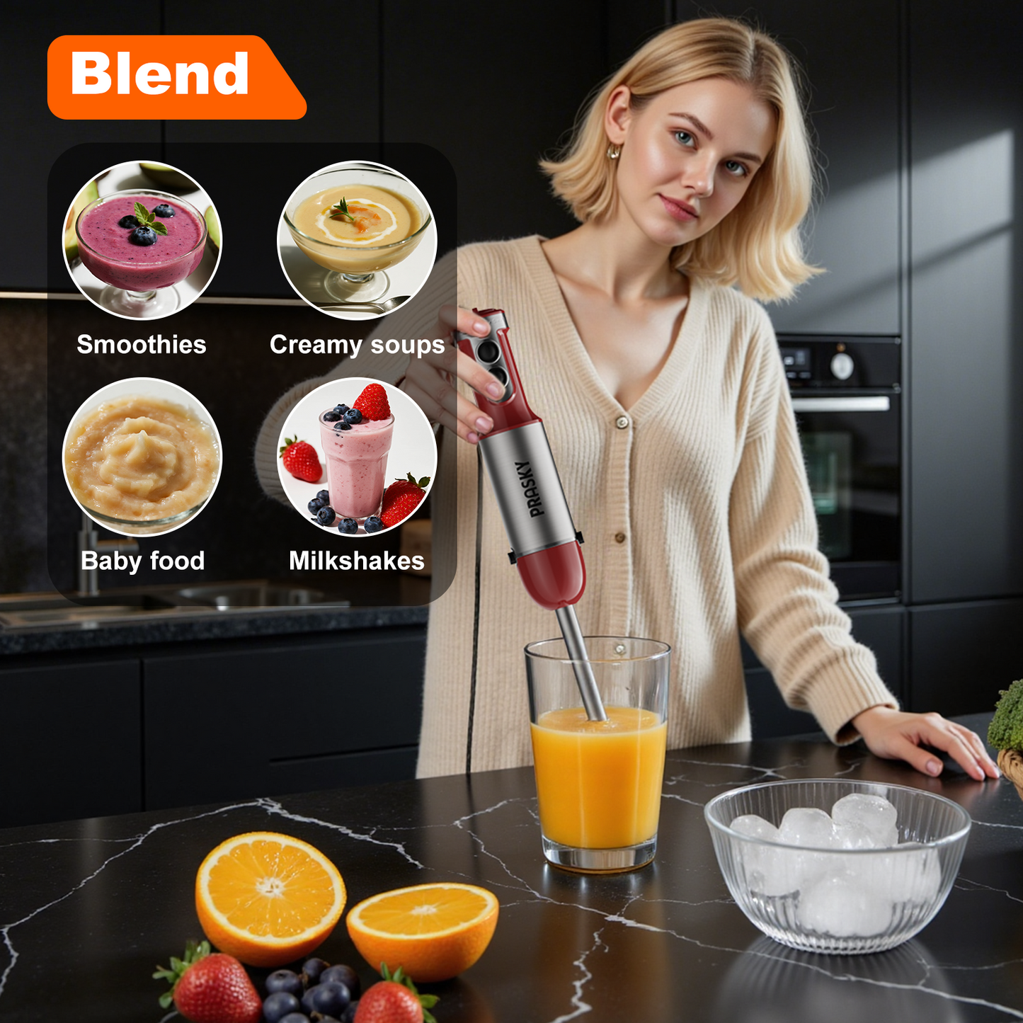 PRASKY Immersion Hand Blender, 6-in-1 Handheld Blender for Kitchen, 20 Speeds Food Processor, Egg Whisk, Milk Frother, Beaker (Black)