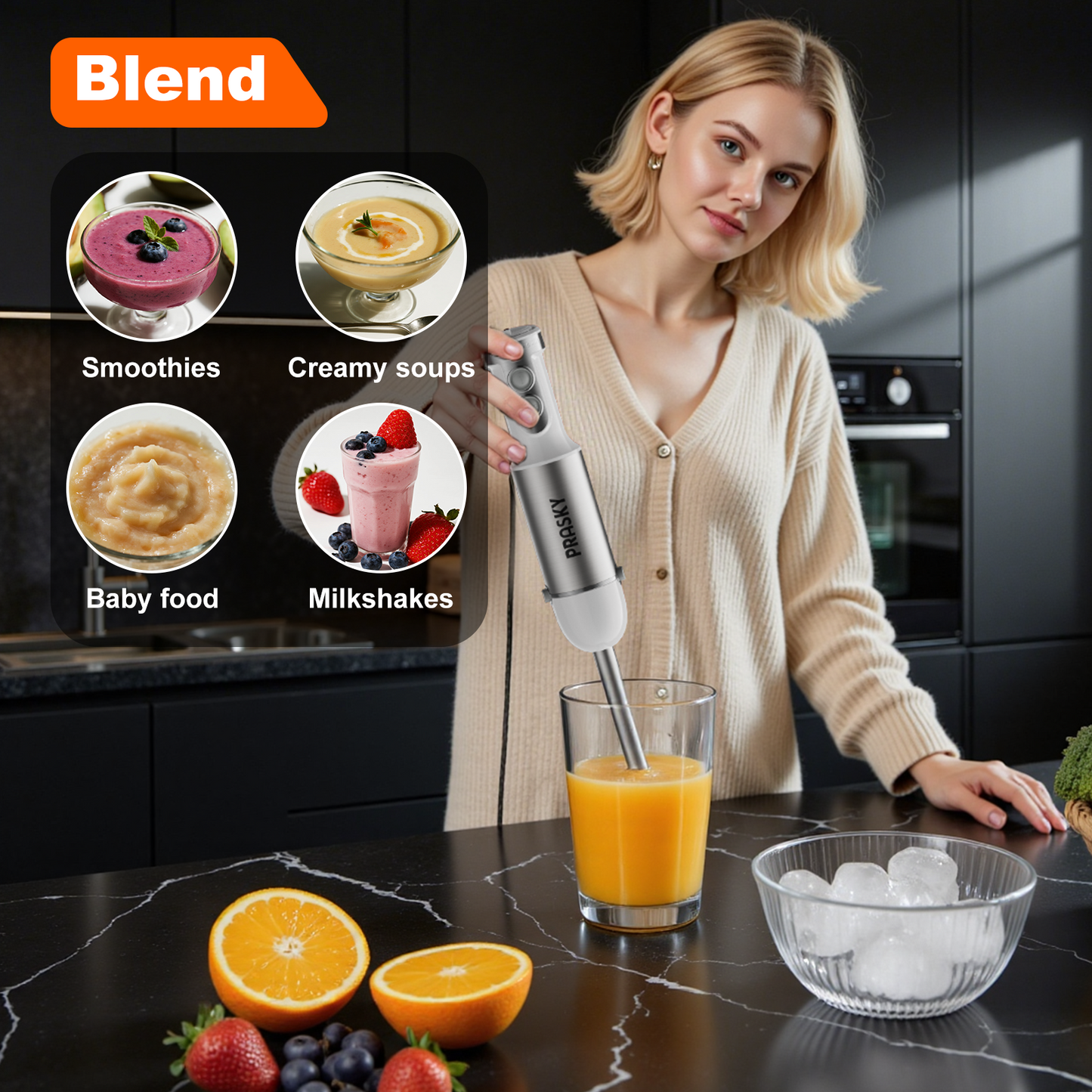 PRASKY Immersion Hand Blender, 6-in-1 Handheld Blender for Kitchen, 20 Speeds Food Processor, Egg Whisk, Milk Frother, Beaker (White)