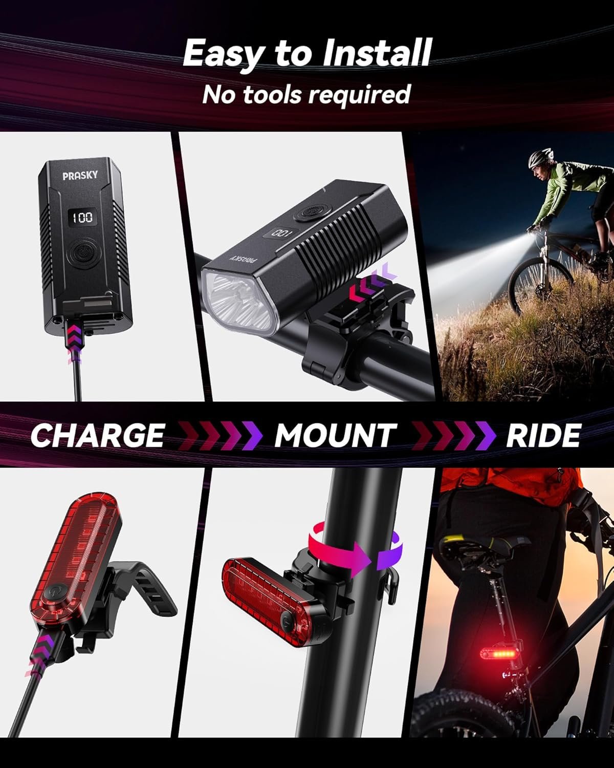 Bike Lights for Night Riding, 6+4 Modes LED Headlight and Taillight Set, 9000 Lumens USB-C Rechargeable, Waterproof Bicycle Front and Rear Lights for Cyclists and Commuters Accessories