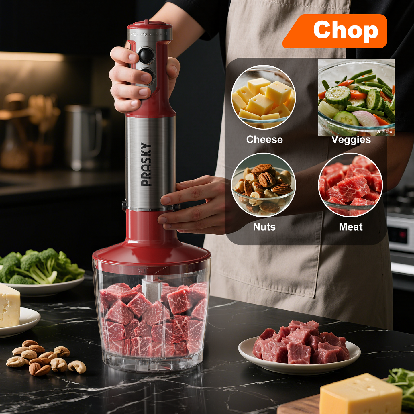 PRASKY Immersion Hand Blender, 6-in-1 Handheld Blender for Kitchen, 20 Speeds Food Processor, Egg Whisk, Milk Frother, Beaker (Red)