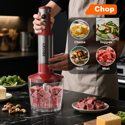 PRASKY Immersion Hand Blender, 6-in-1 Handheld Blender for Kitchen, 20 Speeds Food Processor, Egg Whisk, Milk Frother, Beaker (Red)