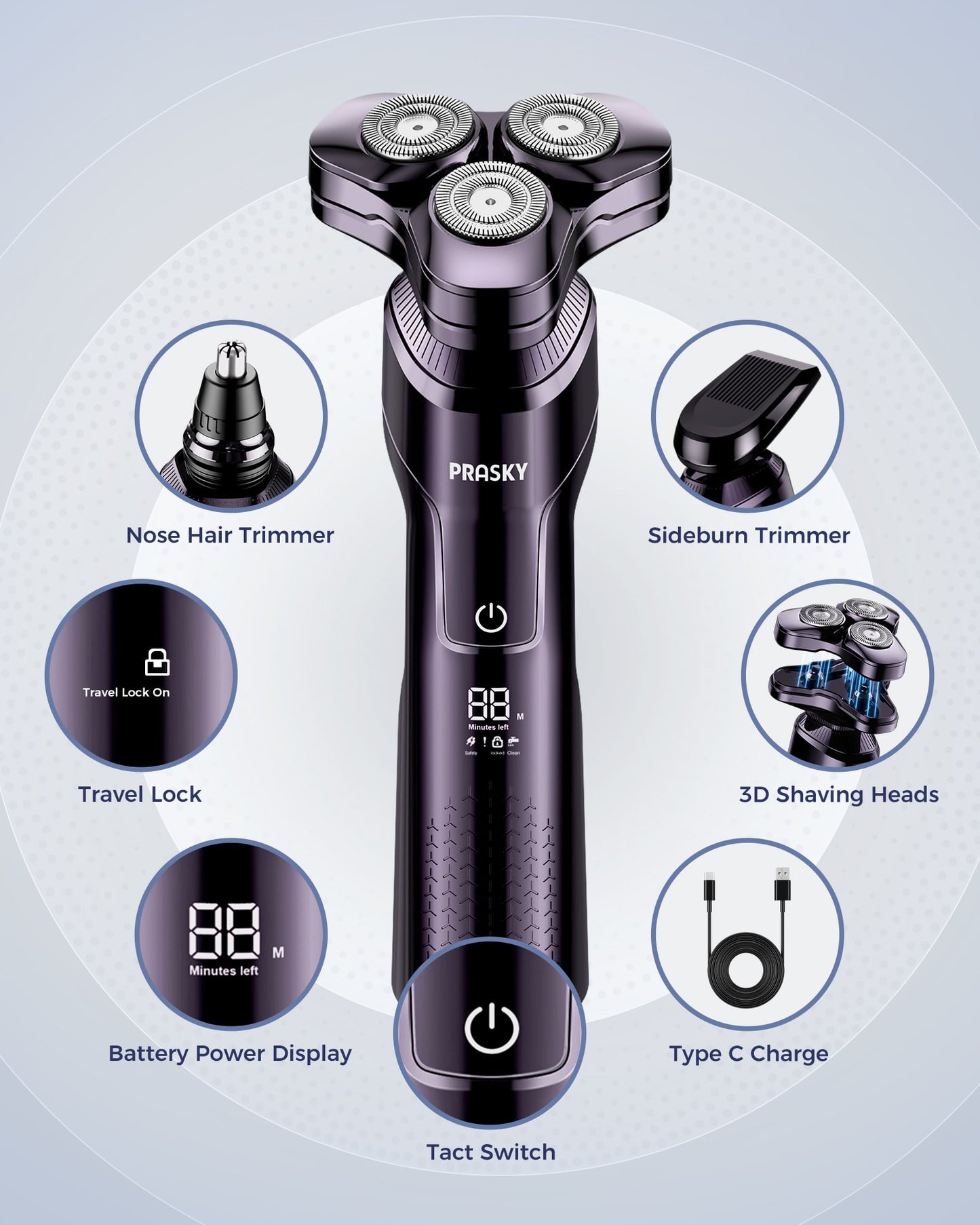 Electric Razor for Men, 3-in-1 Face Shaver, Rotary LED Display, Rechargeable, Floating Head, Replaceable Blades, Portable Travel Beard Trimmer, Hair Clippers Kit, Ideal Gift - Purple