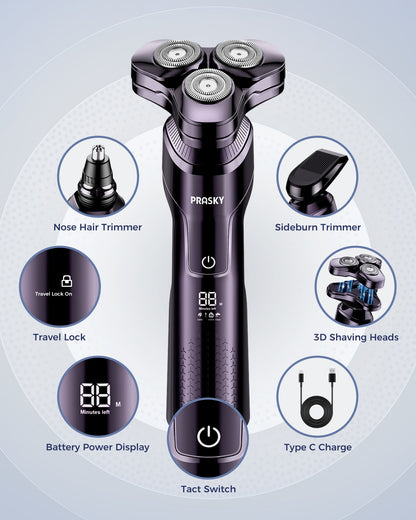 Electric Razor for Men, 3-in-1 Face Shaver, Rotary LED Display, Rechargeable, Floating Head, Replaceable Blades, Portable Travel Beard Trimmer, Hair Clippers Kit, Ideal Gift - Purple