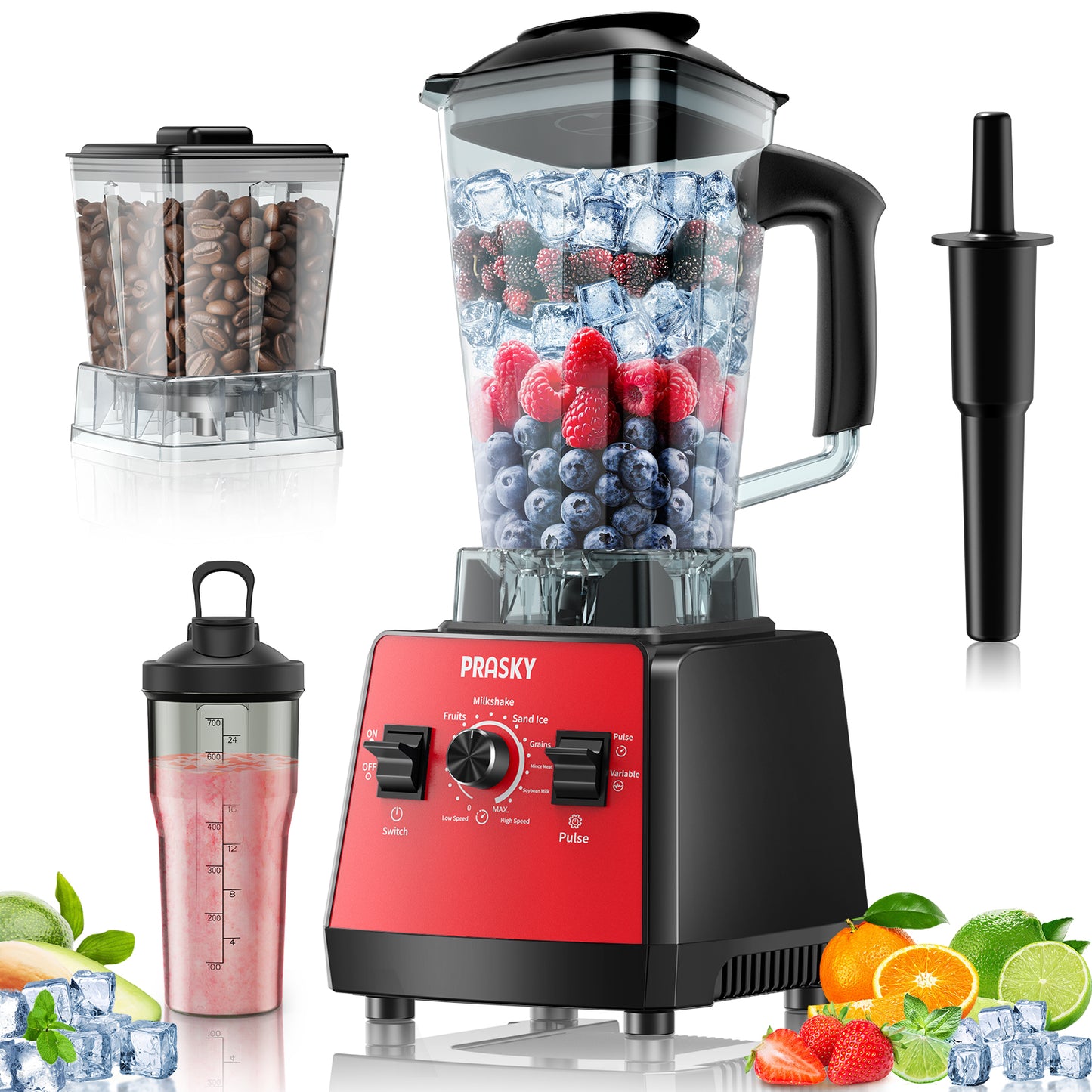 PRASKY Countertop Blender, 2-in-1 Professional Blender, 68oz Capacity 1000W 6 Speeds Blender for Kitchen with 25oz to-go Cup (Red)