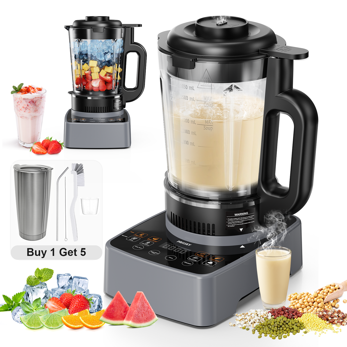 PRASKY Professional Countertop Blender with Heating, 53OZ Glass Blender with Stainless Steel Insulated Cup