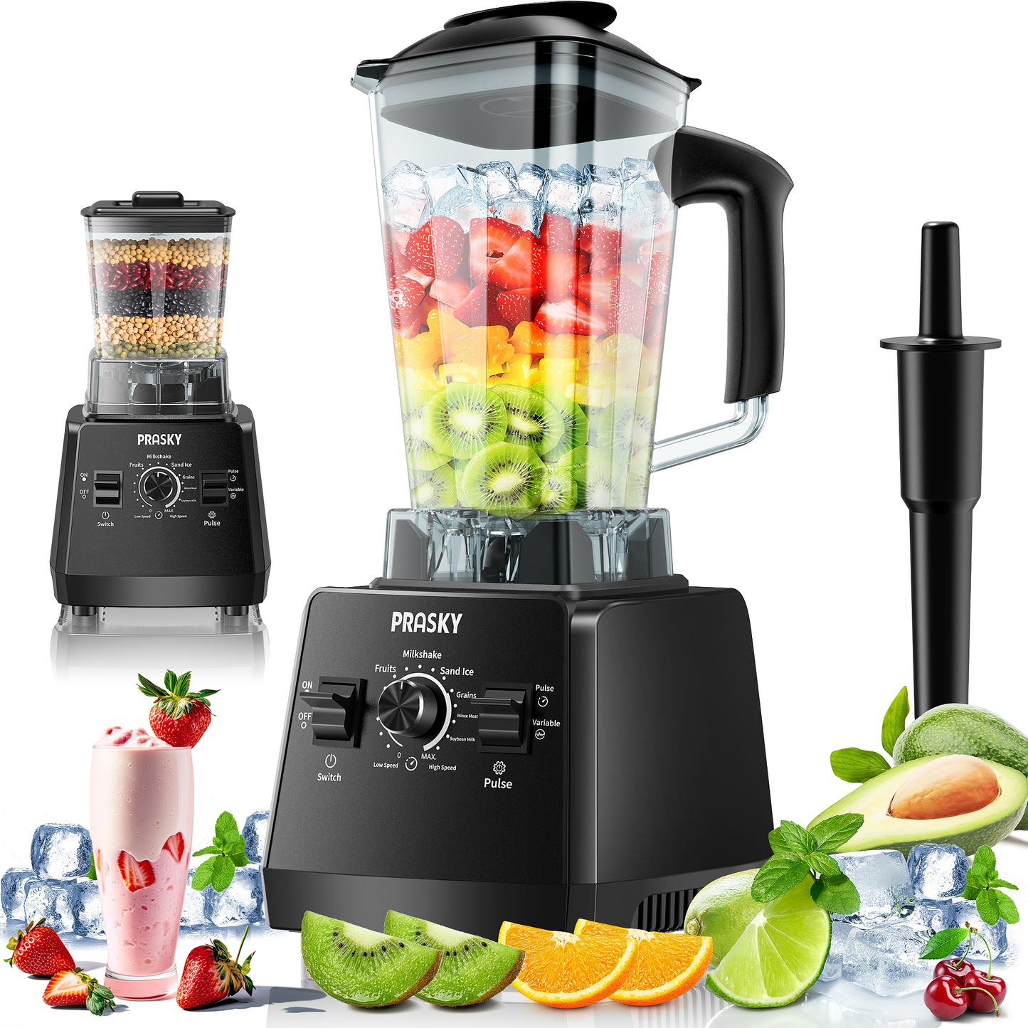 PRASKY Countertop Blender, Blenders for Kitchen with 1000W Motor, 70oz Large Capacity, Professional Blenders for Smoothies, Juicers, Coffee Beans, Grains, and Spices (Black)